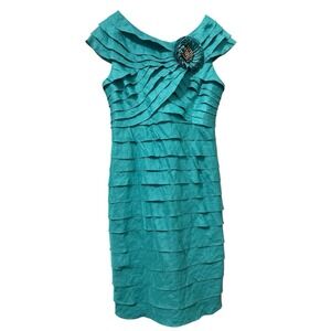 London Times Tiered Off Shoulder Sea Blue‎ Dress w/ Rosette- Minor Fraying